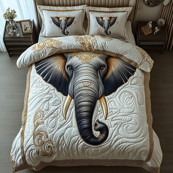 Elephant Grace quilted 3-piece bedding set on a made bed with two matching pillow shams