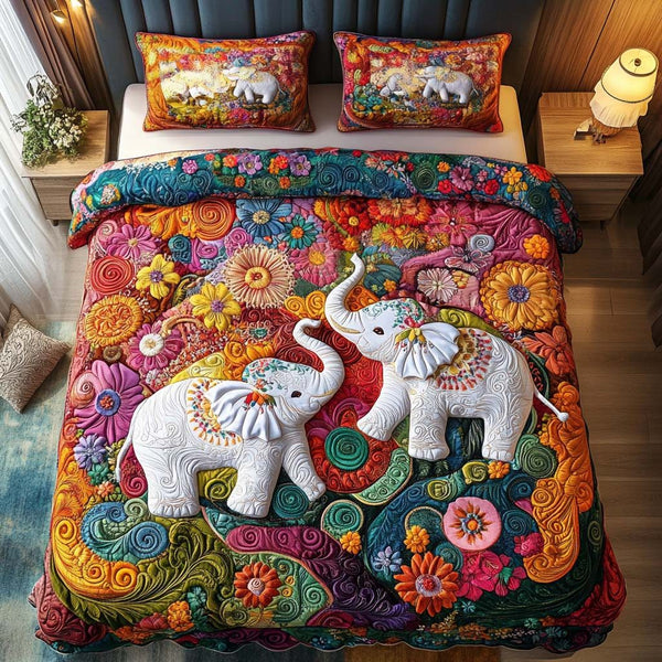 Elephant Heart Love quilted 3-piece bedding set on a made bed with two matching pillow shams
