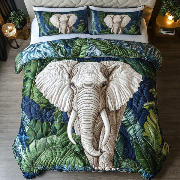 Elephant Heritage quilted 3-piece bedding set on a made bed in a farmhouse bedroom