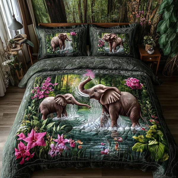Elephant Journey quilted 3-piece bedding set on a made bed with two matching pillow shams