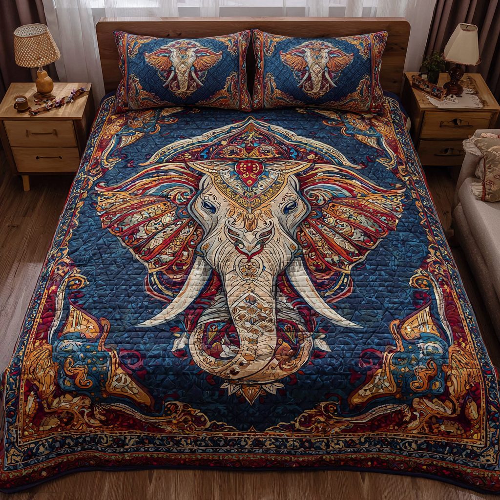 Elephant Journey quilted 3-piece bedding set on a made bed with two matching pillow shams