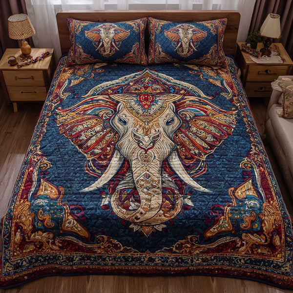 Elephant Journey quilted 3-piece bedding set on a made bed with two matching pillow shams