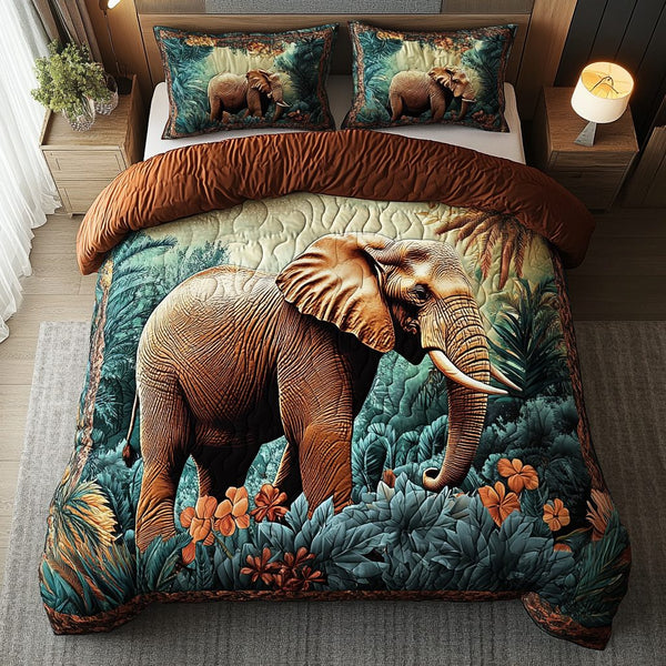 Elephant Legacy quilted 3-piece bedding set on a made bed with two matching pillow shams
