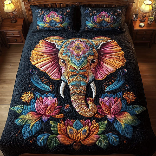 Elephant Lotus Serenity quilted 3-piece bedding set on a made bed with two matching pillow shams