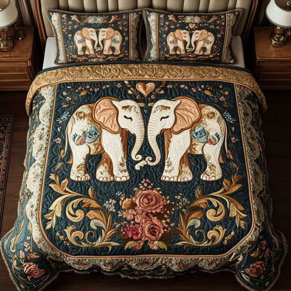 Elephant Love quilted 3-piece bedding set on a made bed with two matching pillow shams