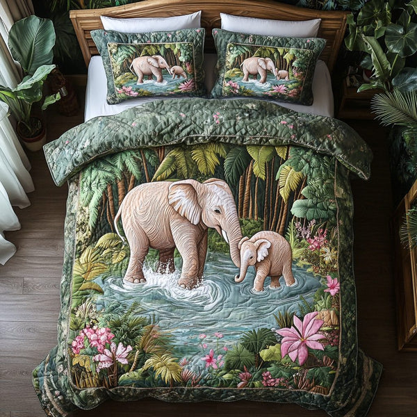 Elephant Majesty quilted 3-piece bedding set on a made bed with two matching pillow shams