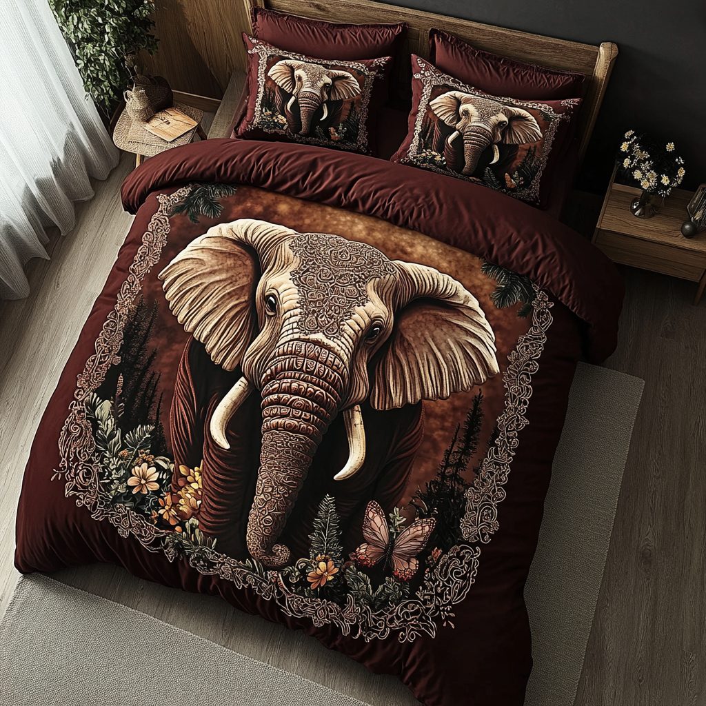 Elephant Majesty quilted 3-piece bedding set on a made bed with two matching pillow shams