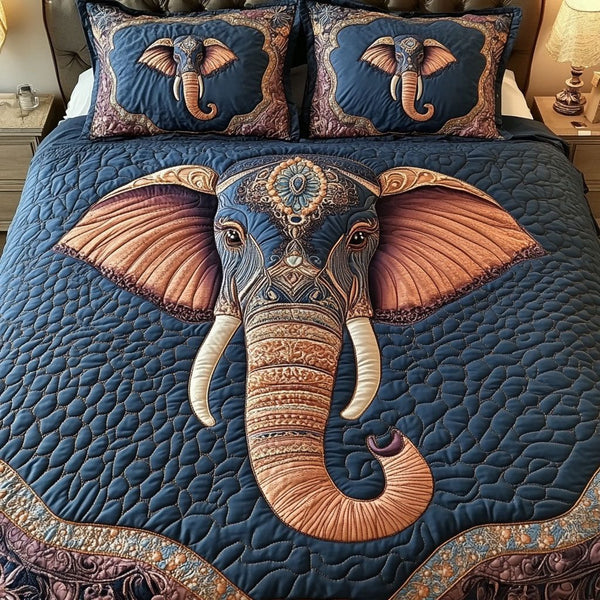 Elephant Mandala Comfort quilted 3-piece bedding set on a made bed with two matching pillow shams