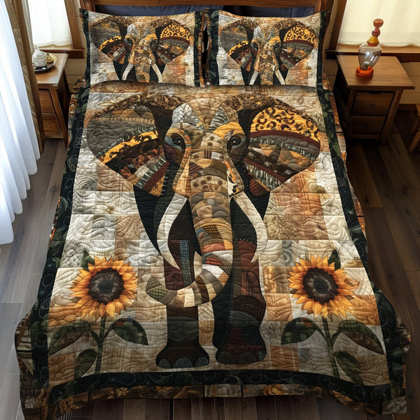 Elephant Oasis quilted 3-piece bedding set on a made bed with two matching pillow shams