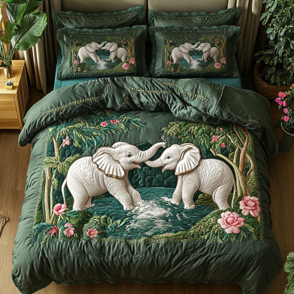 Elephant Parade quilted 3-piece bedding set on a made bed with two matching pillow shams