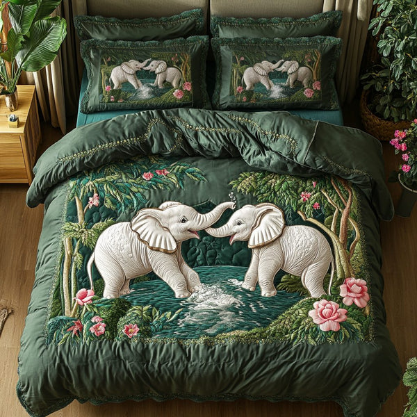 Elephant Parade quilted 3-piece bedding set on a made bed with two matching pillow shams