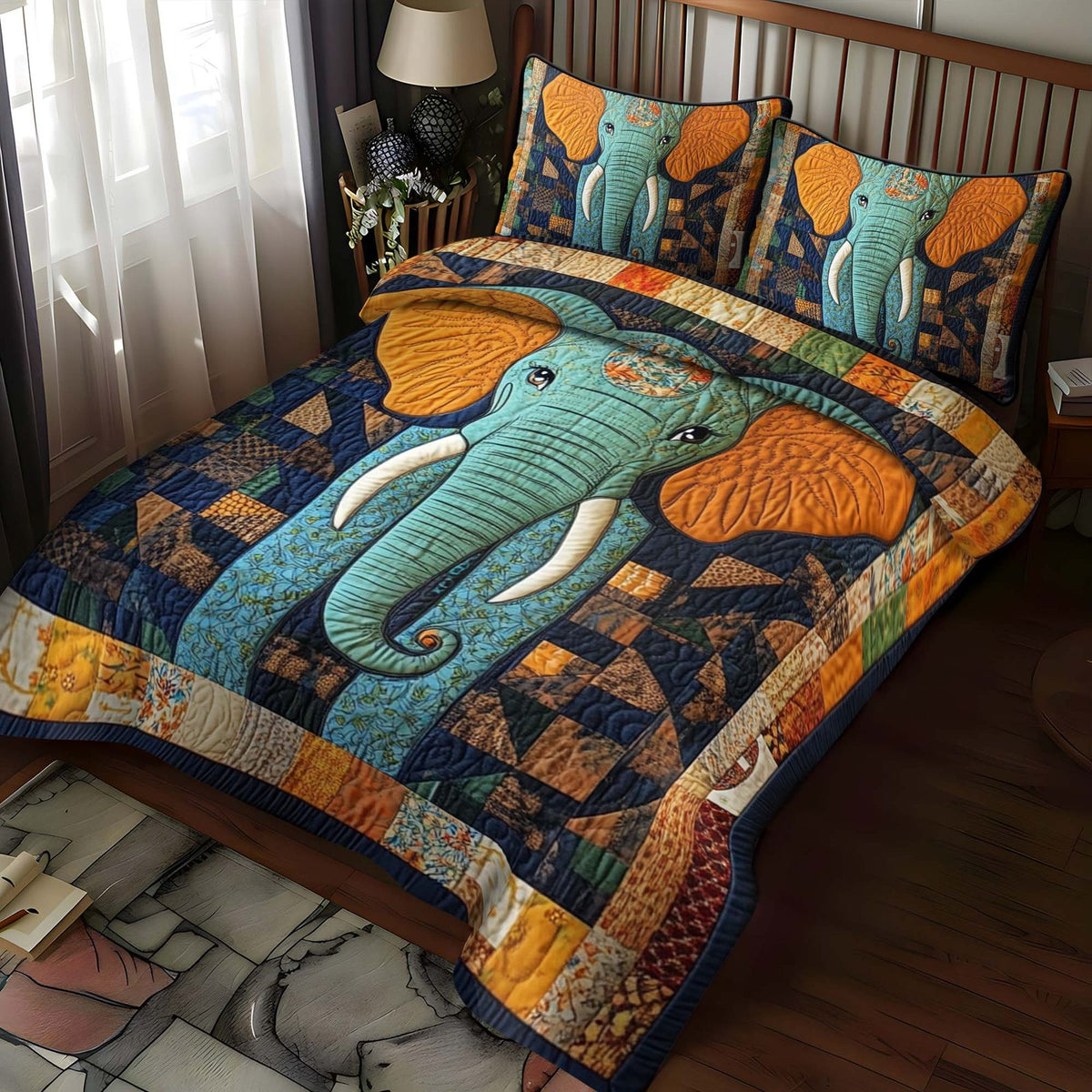 Elephant Patchwork Delight quilted 3-piece bedding set on a made bed in a farmhouse bedroom