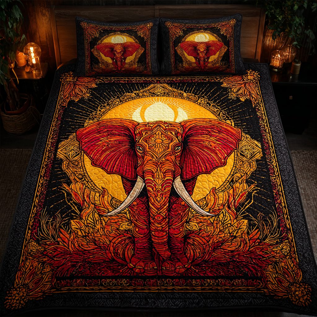 Elephant Pattern quilted 3-piece bedding set on a made bed with two matching pillow shams