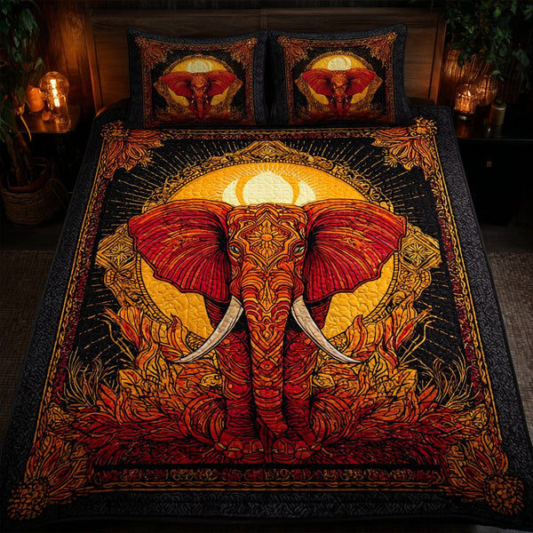 Elephant Pattern quilted 3-piece bedding set on a made bed with two matching pillow shams