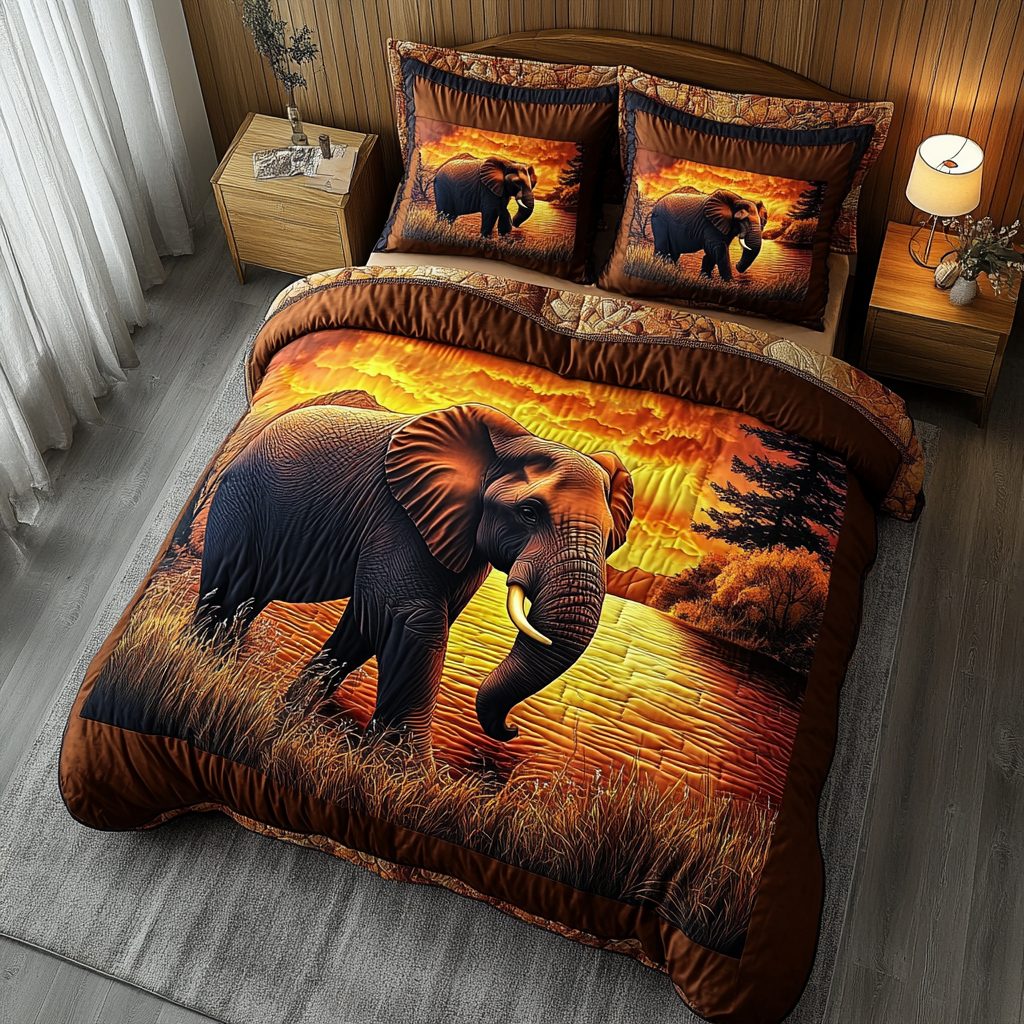 Elephant Power quilted 3-piece bedding set on a made bed with two matching pillow shams