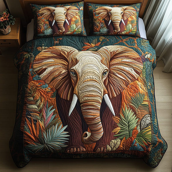 Elephant Power quilted 3-piece bedding set on a made bed with two matching pillow shams