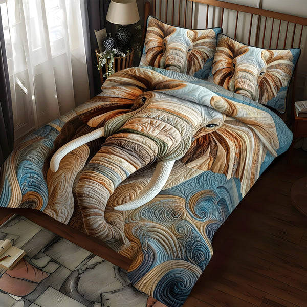 Elephant Regal March quilted 3-piece bedding set on a made bed with two matching pillow shams