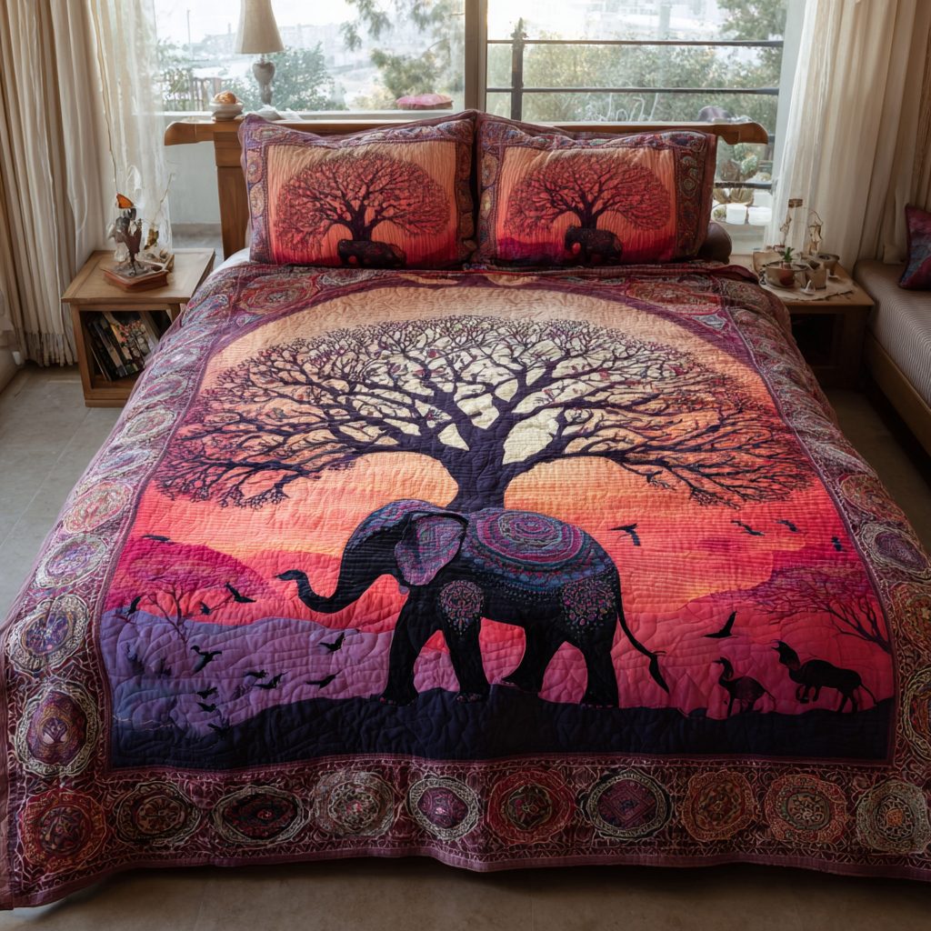 Elephant Spirit quilted 3-piece bedding set on a made bed with two matching pillow shams