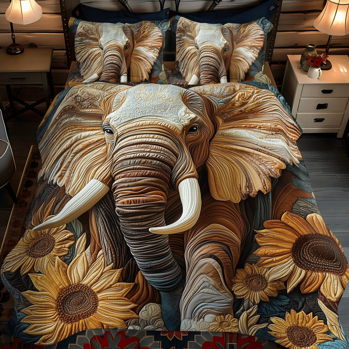 Elephant Sunflower March quilted 3-piece bedding set on a made bed with two matching pillow shams