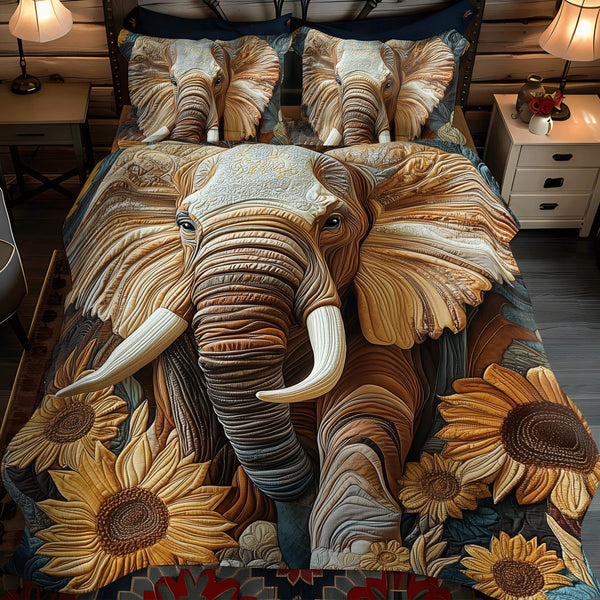 Elephant Sunflower March quilted 3-piece bedding set on a made bed with two matching pillow shams