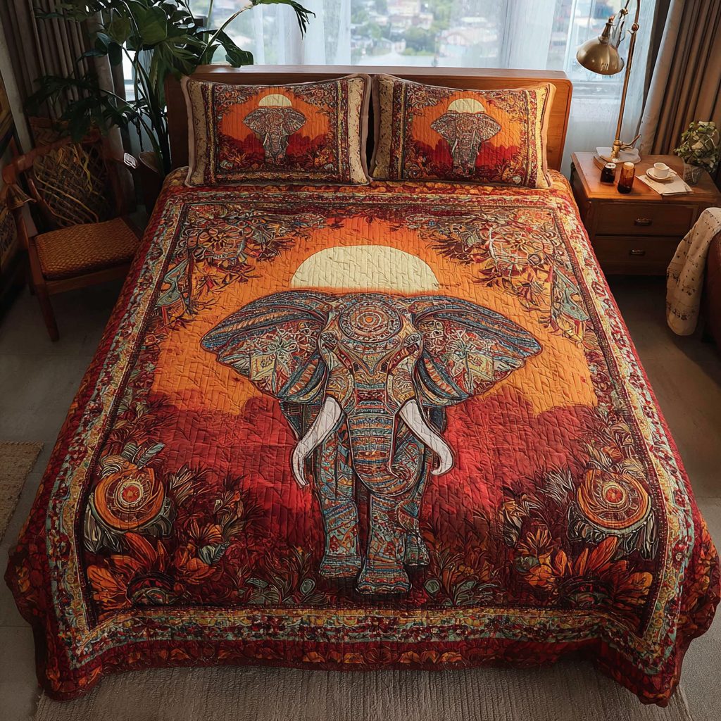 Elephant View quilted 3-piece bedding set on a made bed with two matching pillow shams