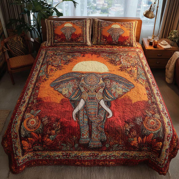 Elephant View quilted 3-piece bedding set on a made bed with two matching pillow shams