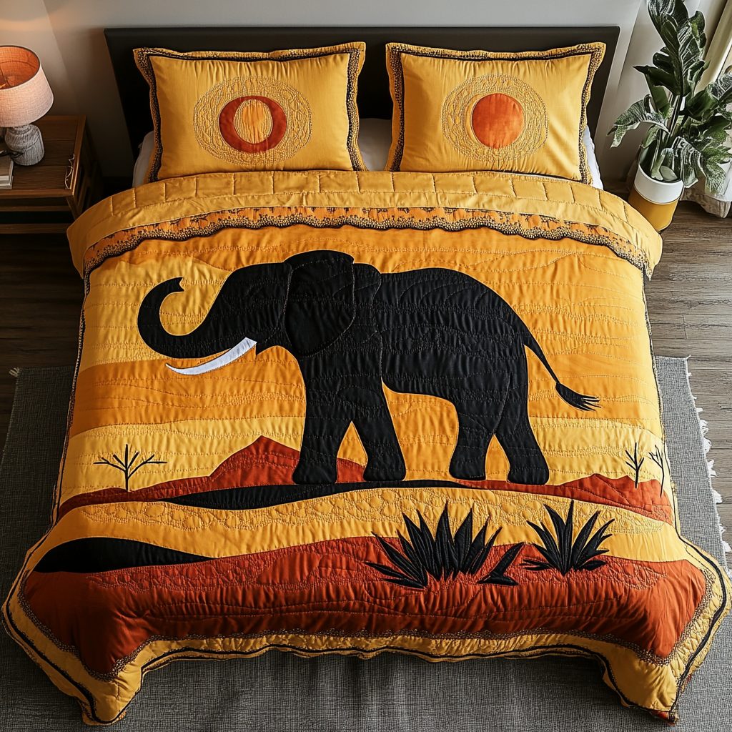 Elephant Whispers quilted 3-piece bedding set on a made bed with two matching pillow shams
