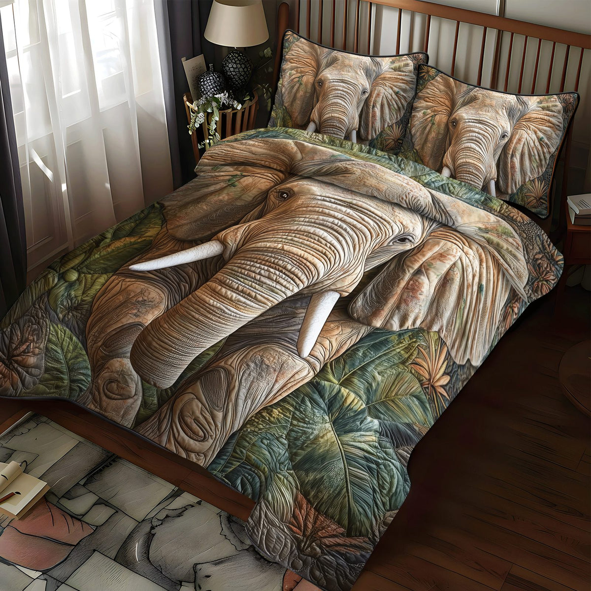 Elephant Wild Whisper quilted 3-piece bedding set on a made bed with two matching pillow shams