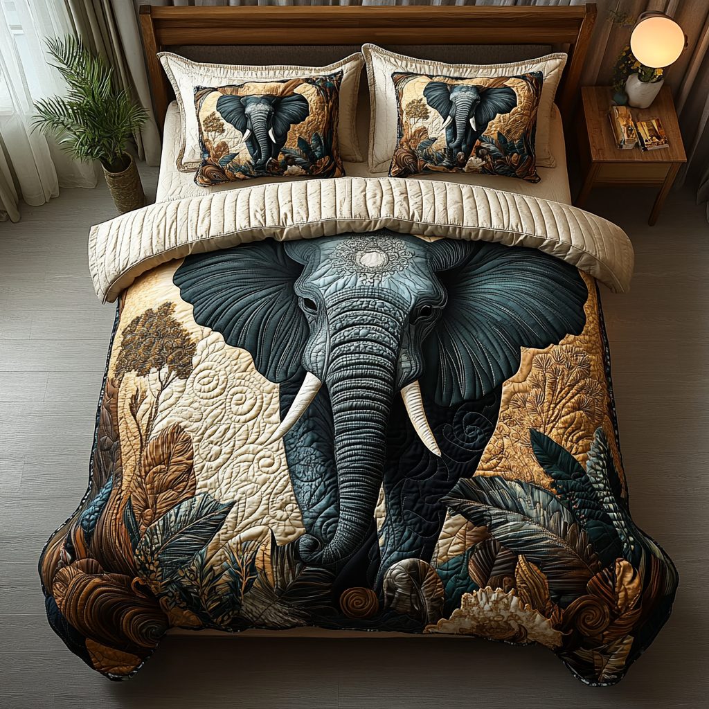 Elephant Wonders quilted 3-piece bedding set on a made bed with two matching pillow shams