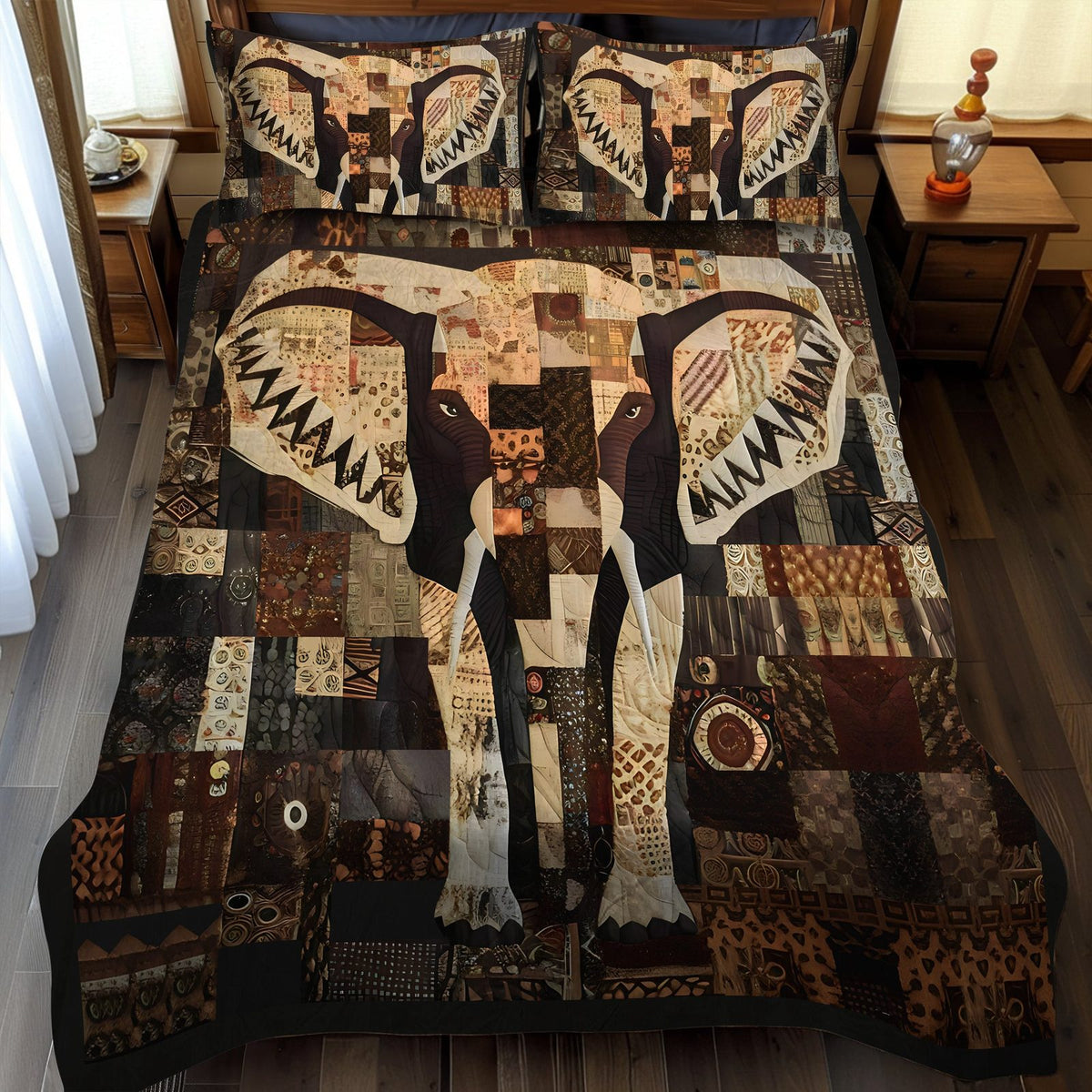 Elephant Woodland quilted 3-piece bedding set on a made bed with two matching pillow shams