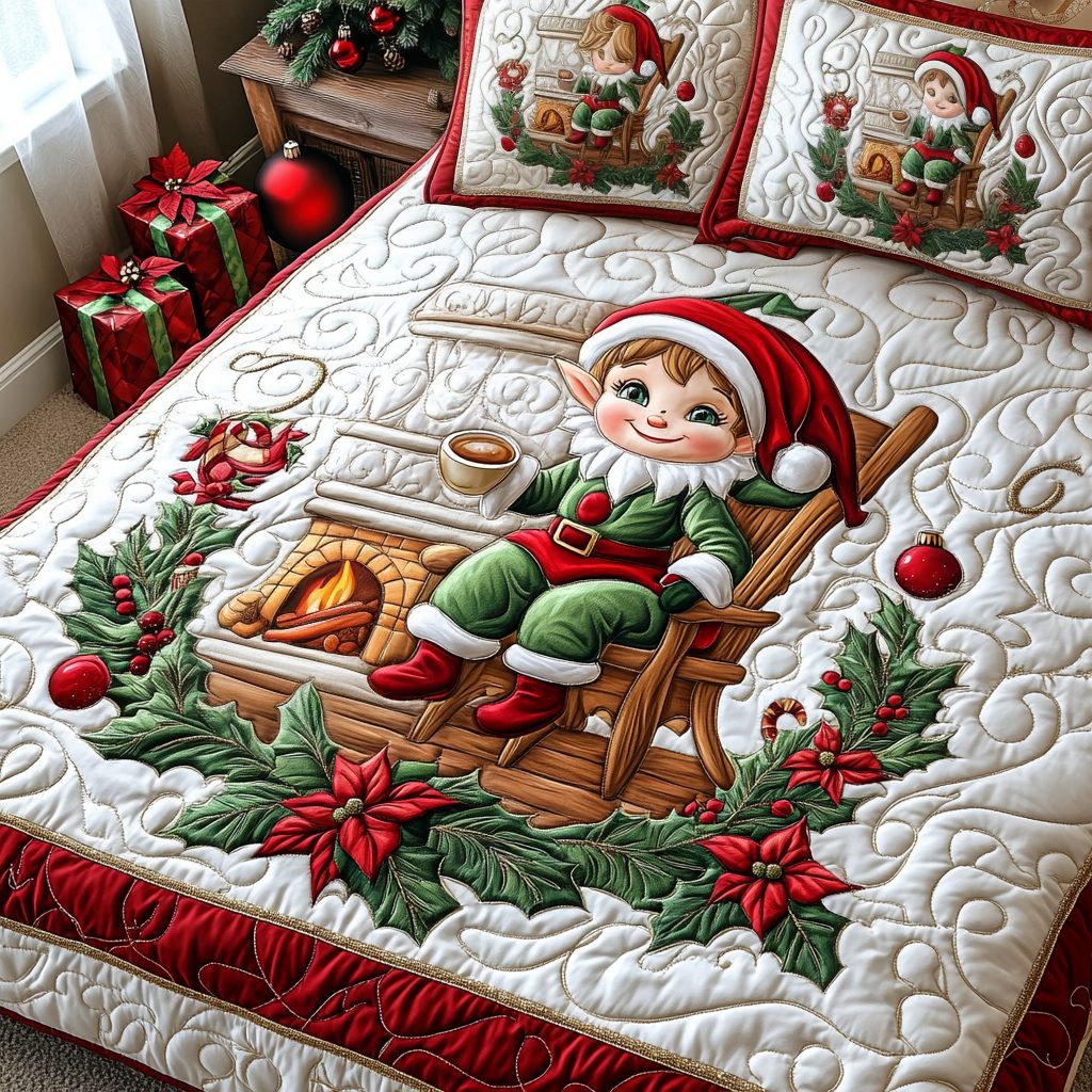 Elf by the Fireplace quilted 3-piece bedding set on a made bed in a winter-styled bedroom