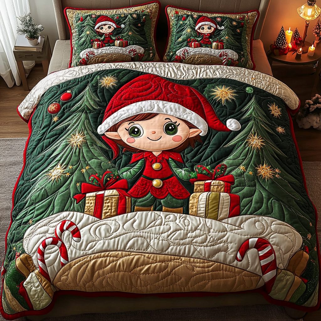 Elf Delight quilted 3-piece bedding set on a made bed in a winter-styled bedroom