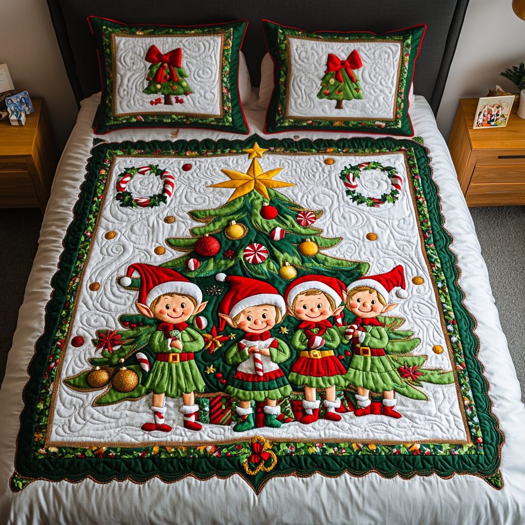 Elf Dreams quilted 3-piece bedding set on a made bed in a winter-styled bedroom