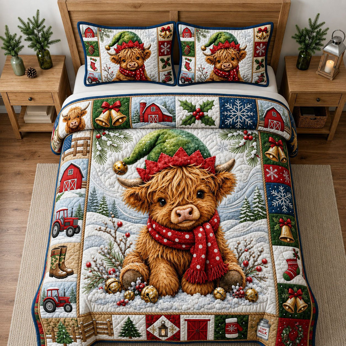 Elf Highland Cow quilted 3-piece bedding set on a made bed in a winter-styled bedroom