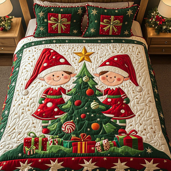 Elf Jingle Joy quilted 3-piece bedding set on a made bed in a winter-styled bedroom