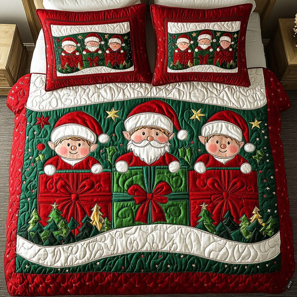 Elfie Festive Fun quilted 3-piece bedding set on a made bed in a winter-styled bedroom