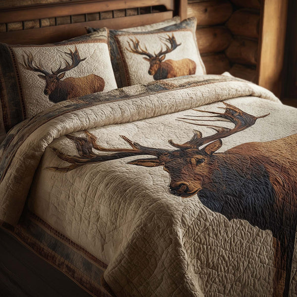 Elk Portrait quilted 3-piece bedding set on a made bed with two matching pillow shams