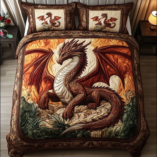 Ember Fury quilted 3-piece bedding set on a made bed with two matching pillow shams
