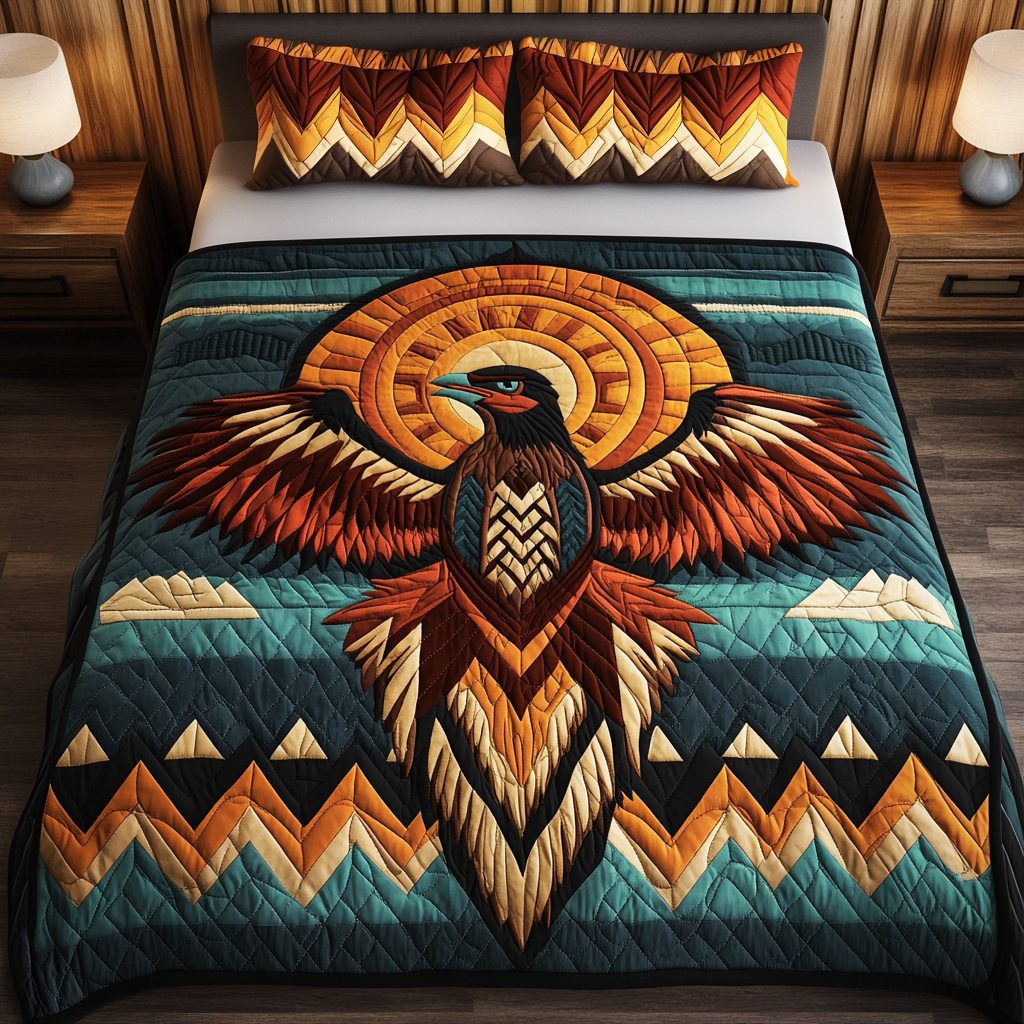 Ember Glow quilted 3-piece bedding set on a made bed with two matching pillow shams