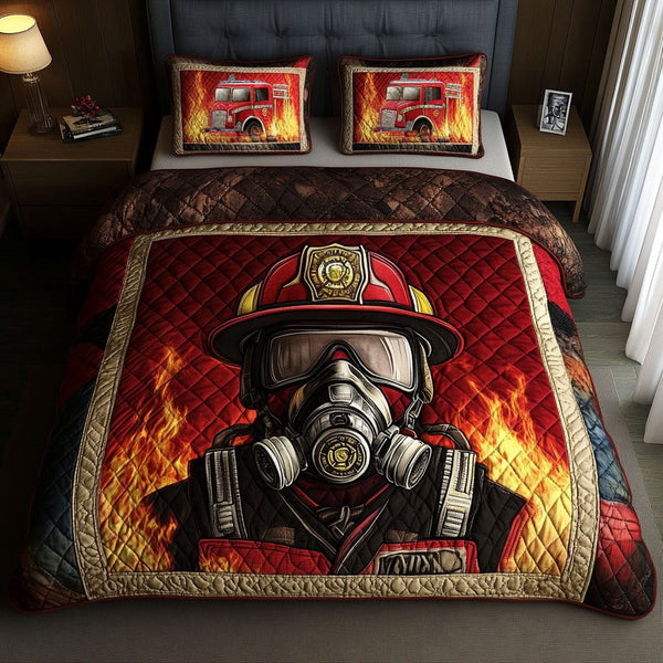 Ember Hero quilted 3-piece bedding set on a made bed with two matching pillow shams