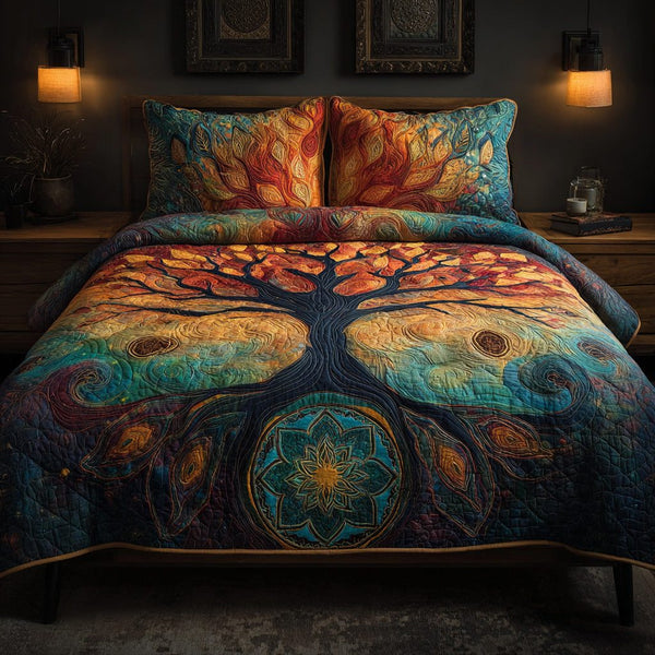 Ember Mandala quilted 3-piece bedding set on a made bed with two matching pillow shams