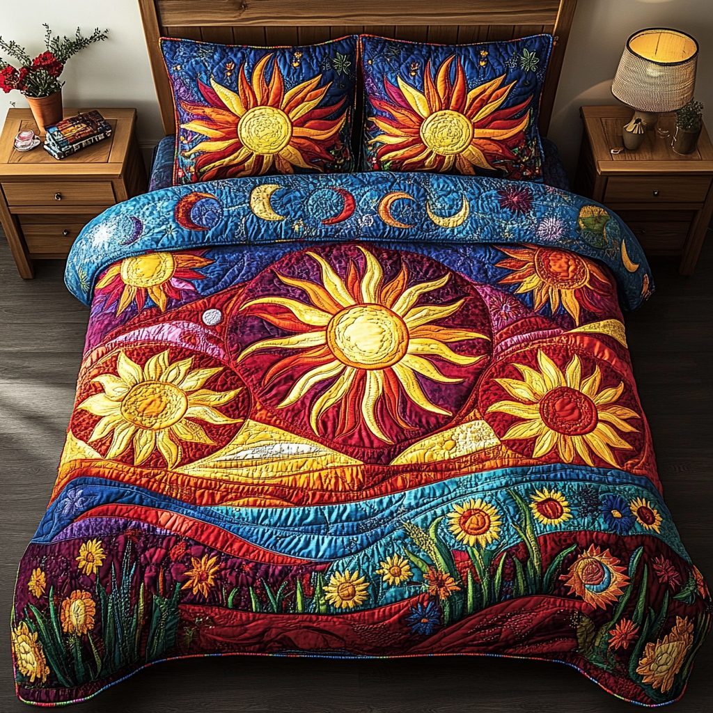 Ember Shine quilted 3-piece bedding set on a made bed with two matching pillow shams