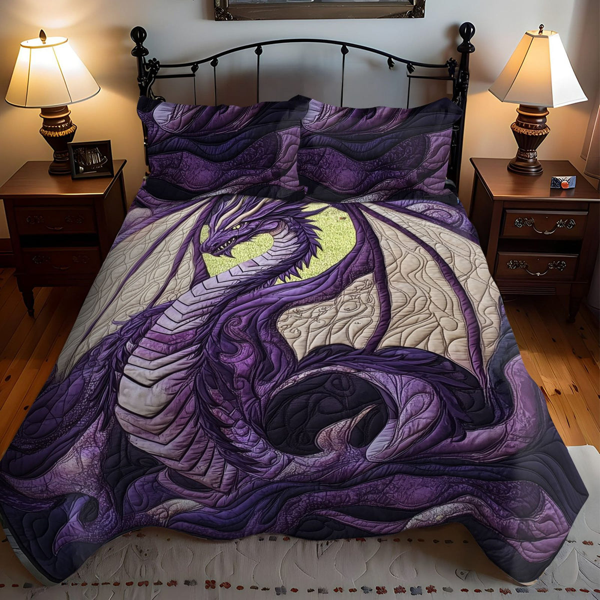 Emberflight Majesty quilted 3-piece bedding set on a made bed with two matching pillow shams