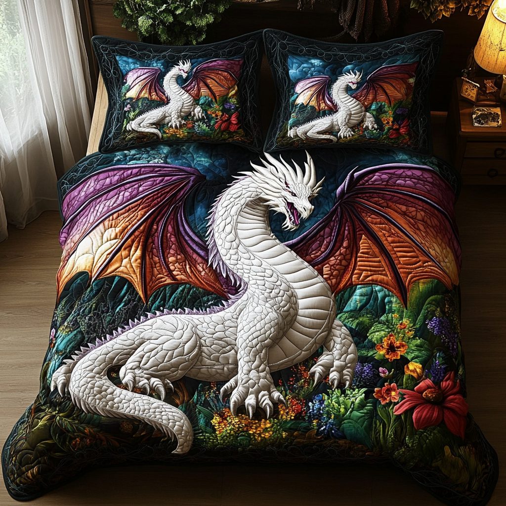 Emberwing quilted 3-piece bedding set on a made bed with two matching pillow shams