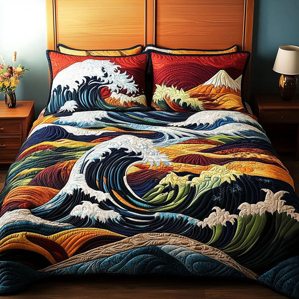 Embrace of Ocean quilted 3-piece bedding set on a made bed in a light coastal bedroom