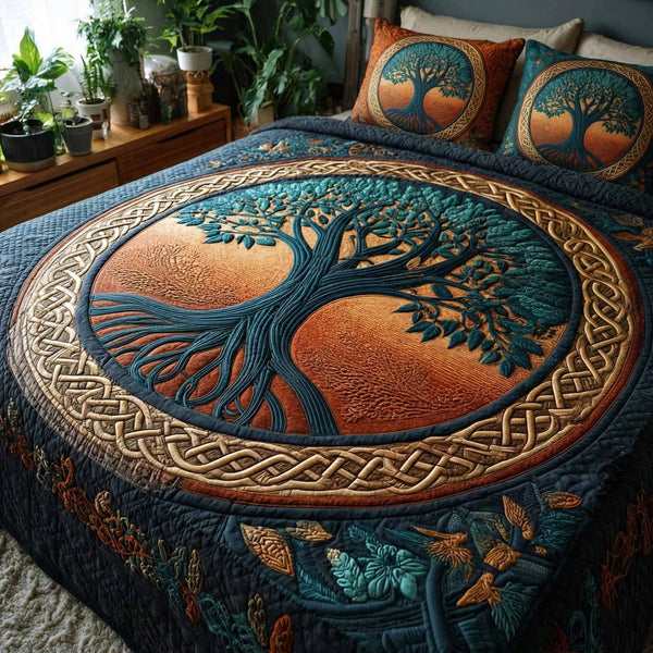 Emerald Ancestry quilted 3-piece bedding set on a made bed with two matching pillow shams