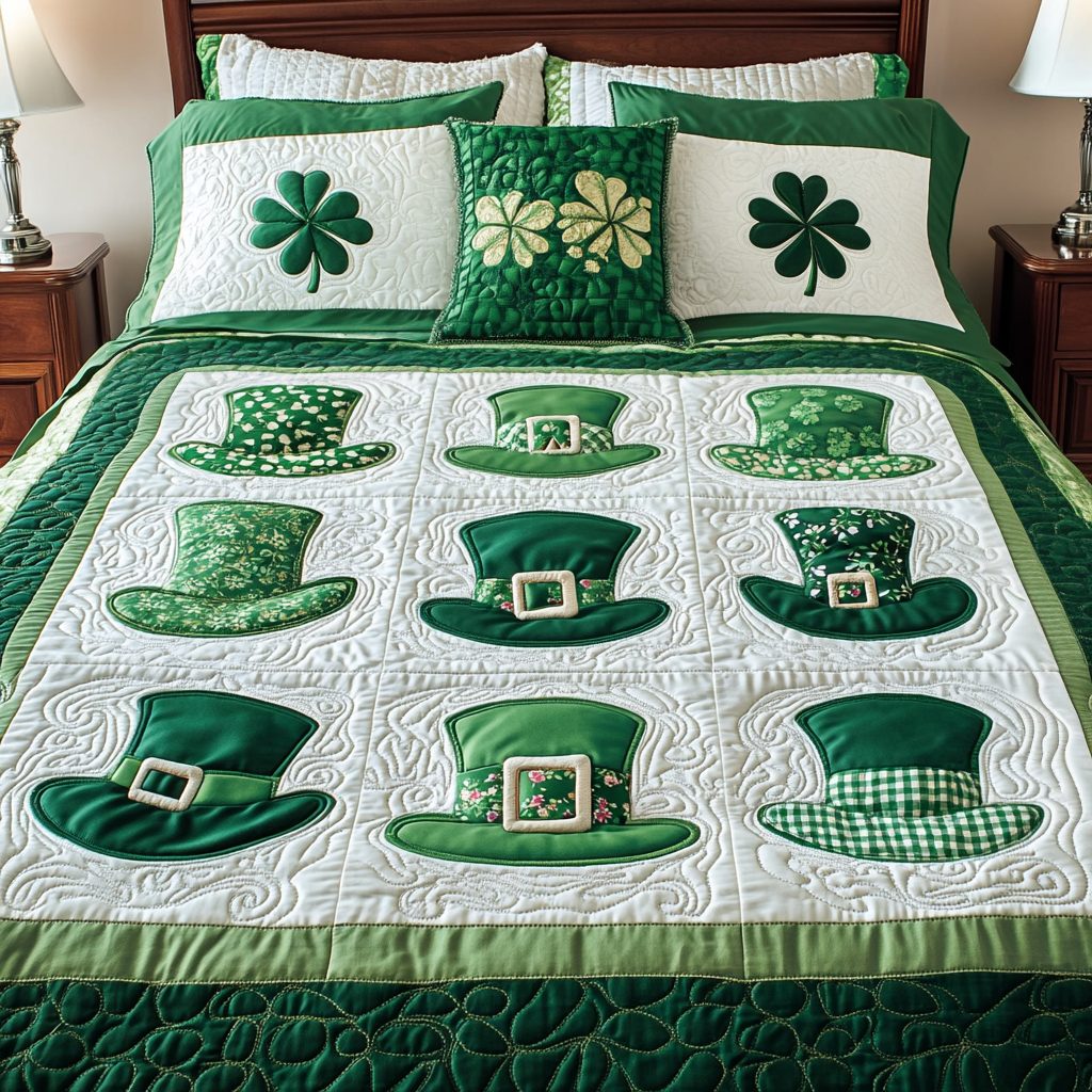 Emerald Bliss quilted 3-piece bedding set on a made bed with two matching pillow shams