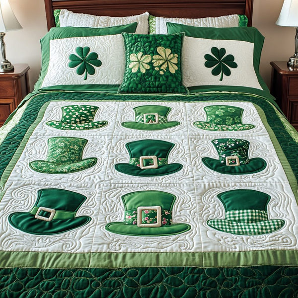 Emerald Bliss quilted 3-piece bedding set on a made bed with two matching pillow shams