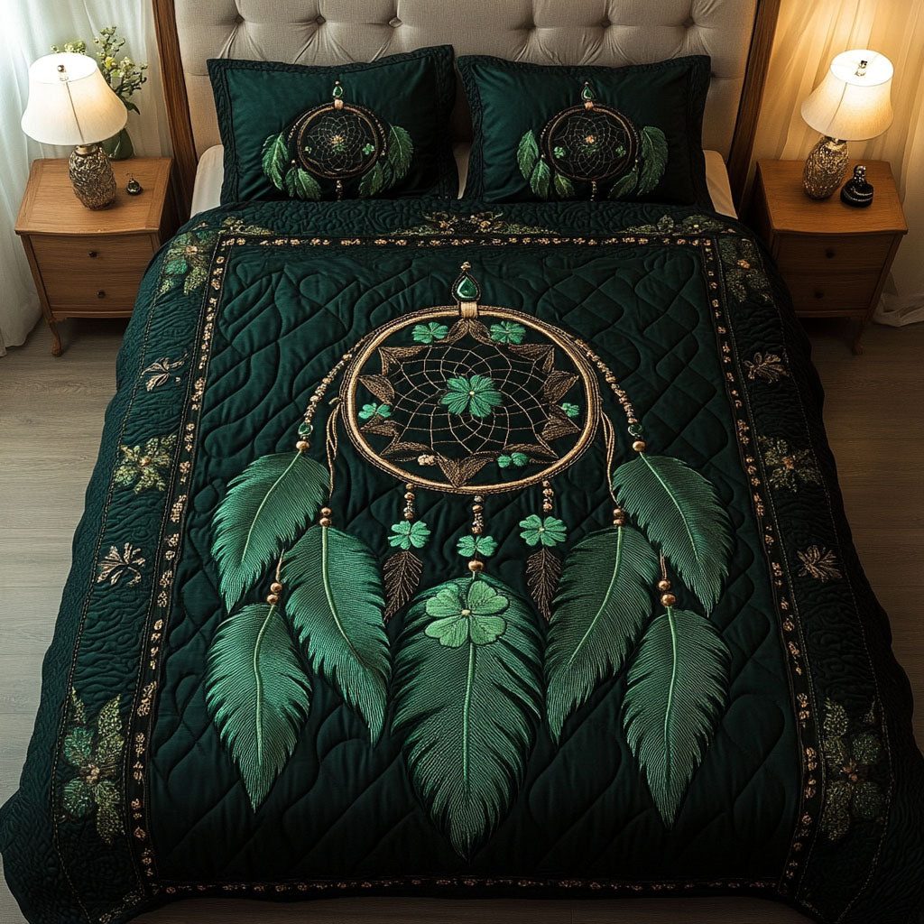 Emerald Charm quilted 3-piece bedding set on a made bed with two matching pillow shams