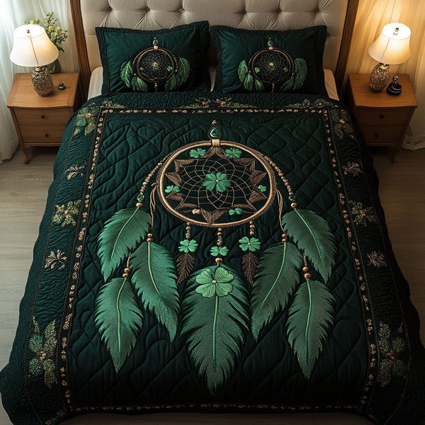 Emerald Charm quilted 3-piece bedding set on a made bed with two matching pillow shams